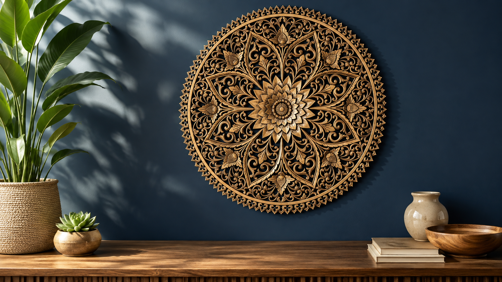 Carved decorative Mandala “Kejayaan” wall art displayed on a deep blue wall above a wooden console with plants and neutral home decor.