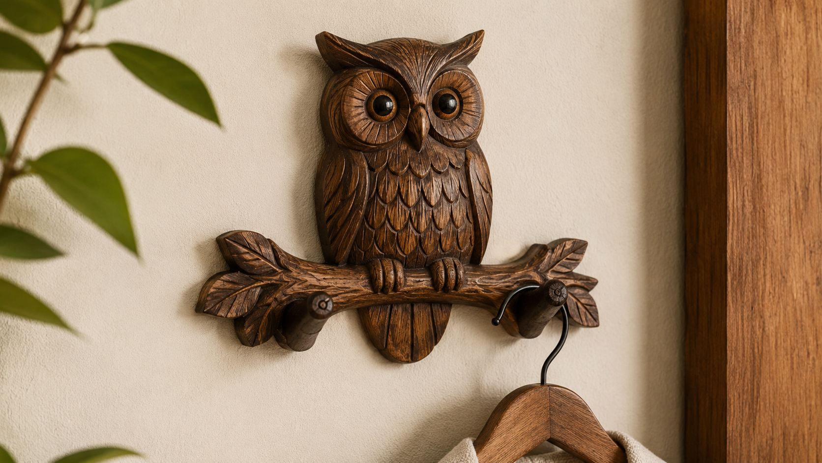 Carved wooden owl wall hanger with detailed feather design and hooks, styled on a cream wall with a wooden clothes hanger and green leaves.