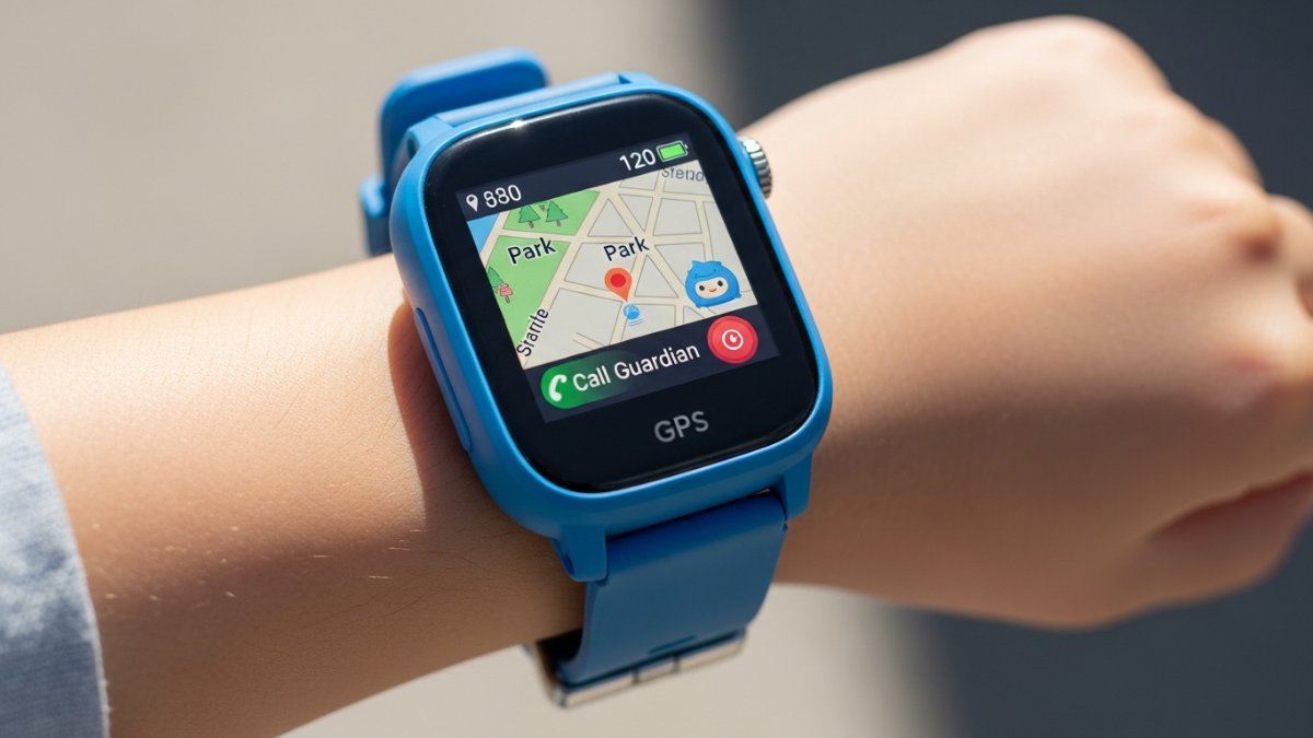 One2track Connect NEXT GPS smartwatch displayed on child's wrist showing touchscreen interface
