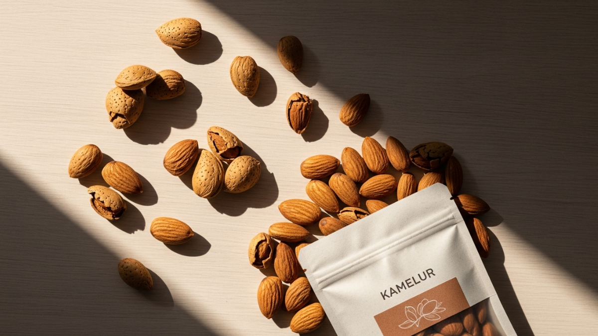 Premium Spanish organic almonds in natural state with brown skin intact
