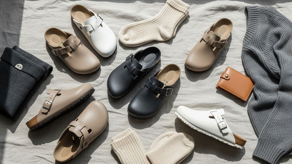 Birkenstock Boston Suede Clogs styled with neutral outfit on wooden floor