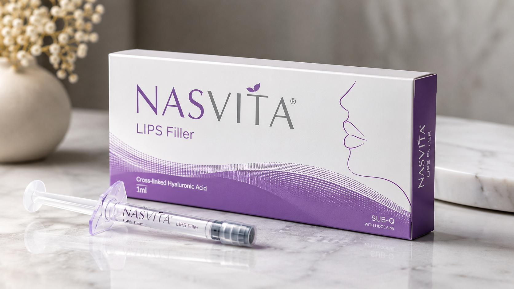 NASViTA Lips Filler with cross-linked hyaluronic acid displayed in premium packaging alongside a syringe applicator on a marble surface, professional aesthetic medicine and lip enhancement product.