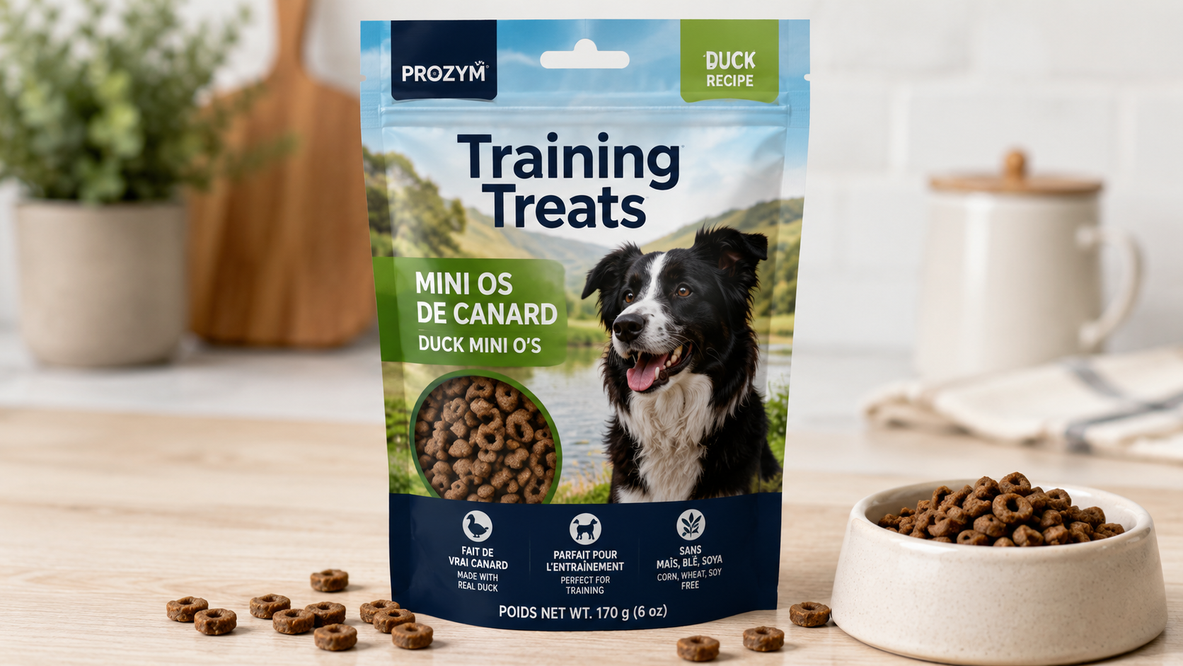 Prozym Training Treats Mini Os de Canard (Duck Mini O's) dog training treats in a resealable bag with ring-shaped treats in a bowl, high-protein duck recipe for rewarding and training dogs.