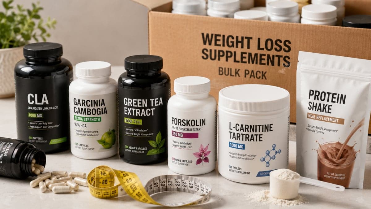 "Bulk weight loss supplements in capsules, powder, and meal replacement shake containers displayed with a measuring scoop for healthy weight management support."