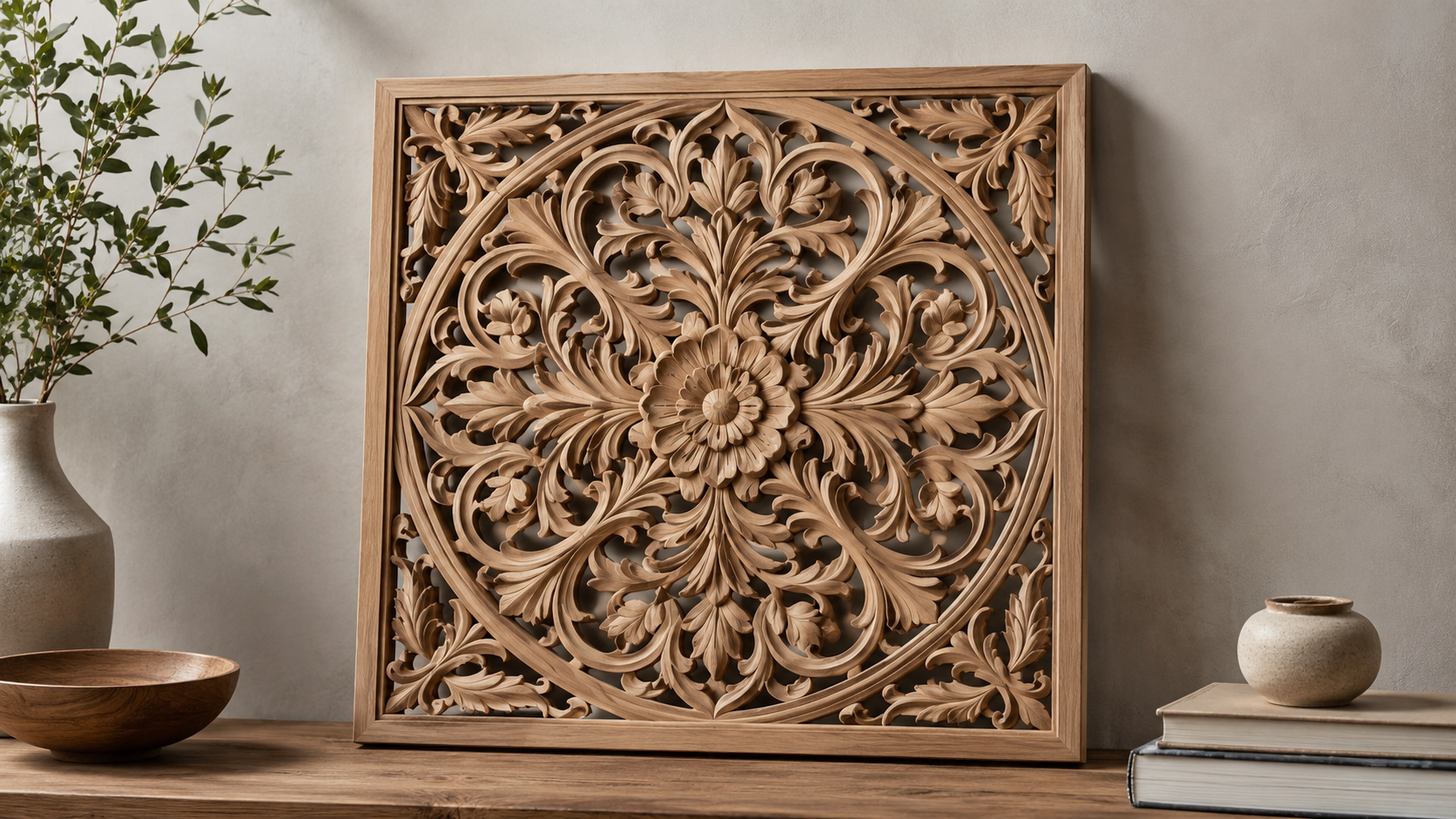 Carved decorative wood panel “Amara” with intricate floral scrollwork, styled on a wooden console in a neutral modern interior.