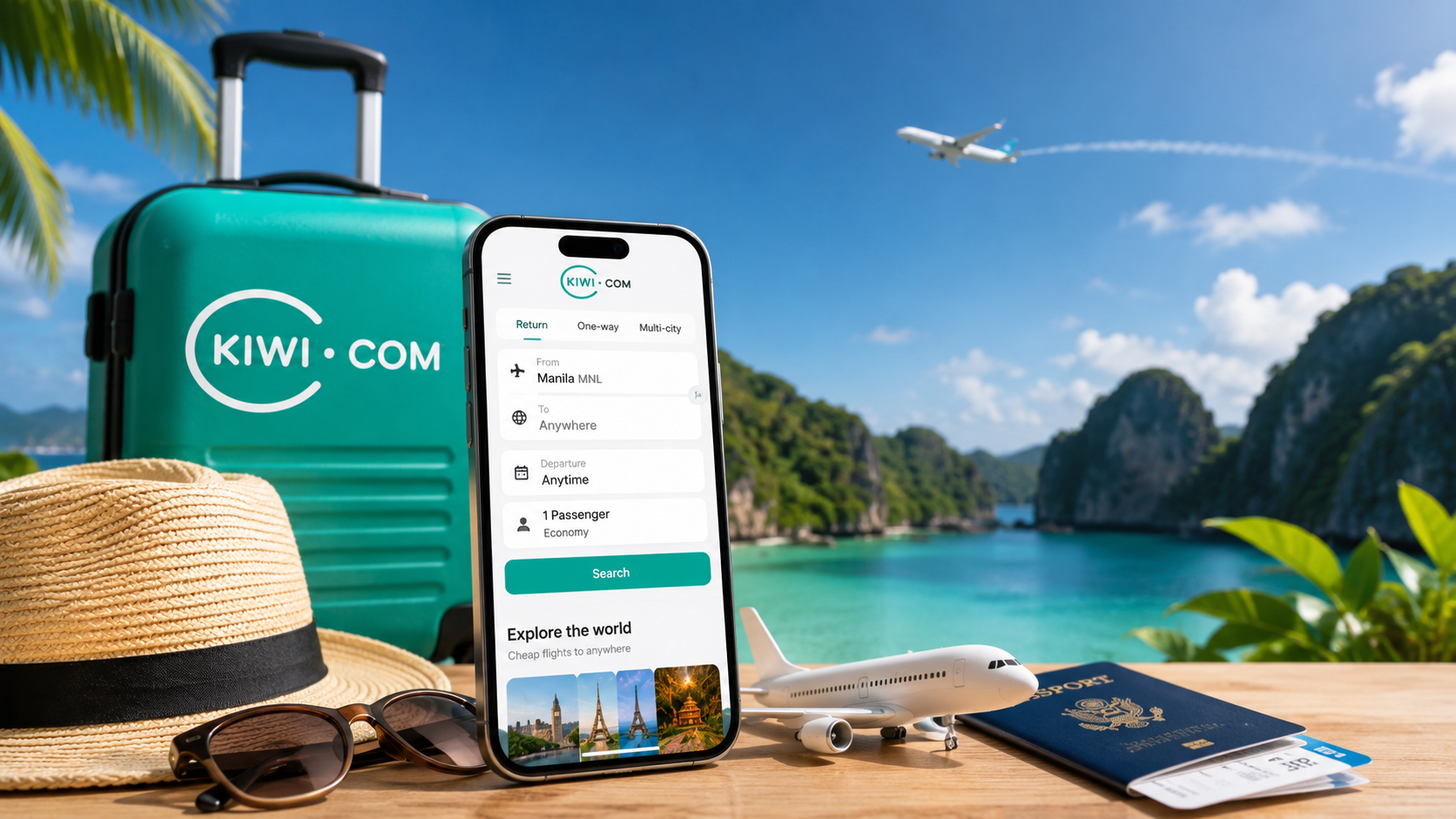 Kiwi.com travel deals displayed on a smartphone beside a teal suitcase, passport, sunglasses, and airplane model overlooking a tropical beach, illustrating affordable flight booking and vacation planning.