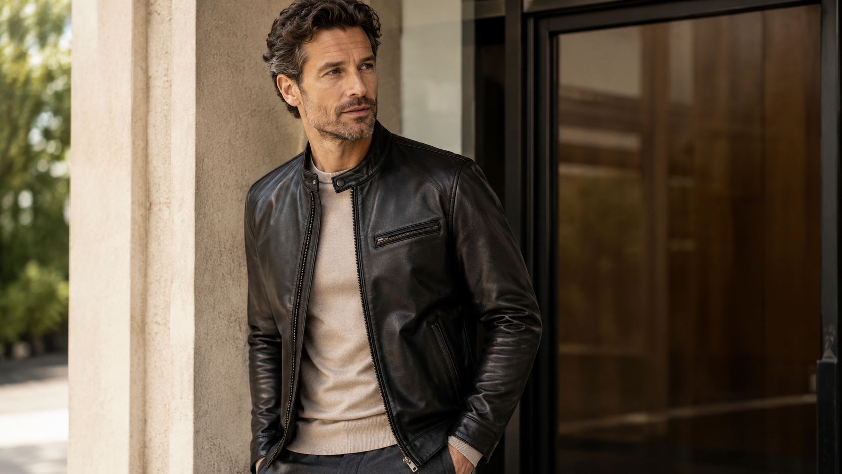 Man wearing a black Milestone leather jacket with a modern stand collar, styled with a beige knit sweater outside a contemporary building.