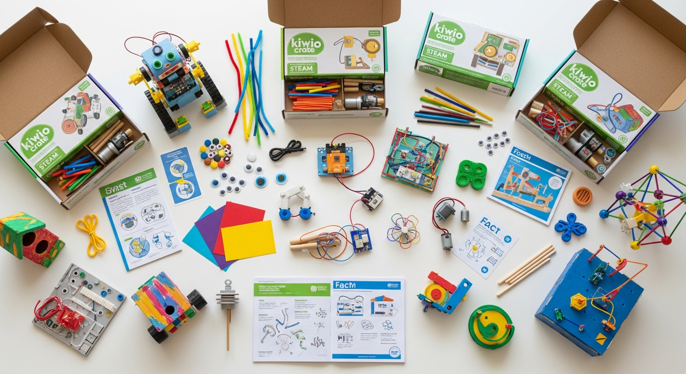 Colorful STEAM craft supplies and completed creative projects from Kiwi Crate subscription box