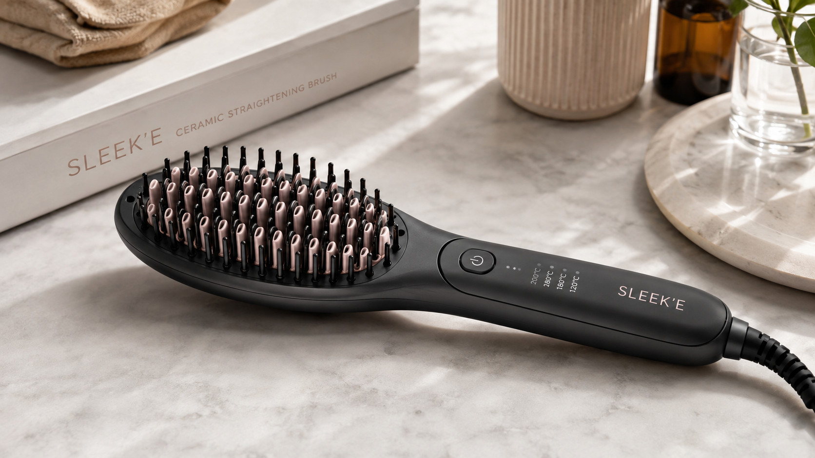 Sleek'e Ceramic Straightening Brush in matte black with rose gold ceramic bristles on a marble vanity, professional hair styling tool for fast, smooth hair straightening.