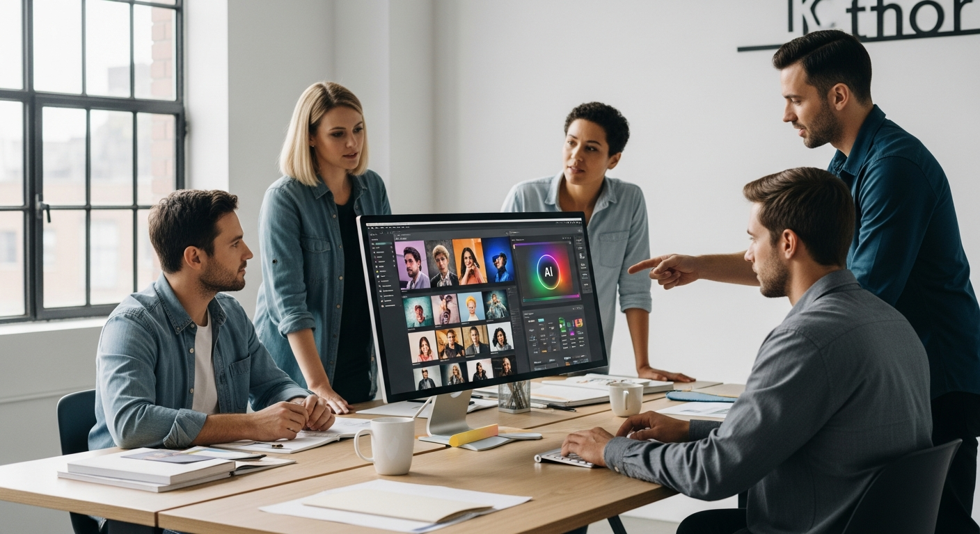 Creative team collaborating on content production using 123RF PLUS Plan stock assets and AI tools