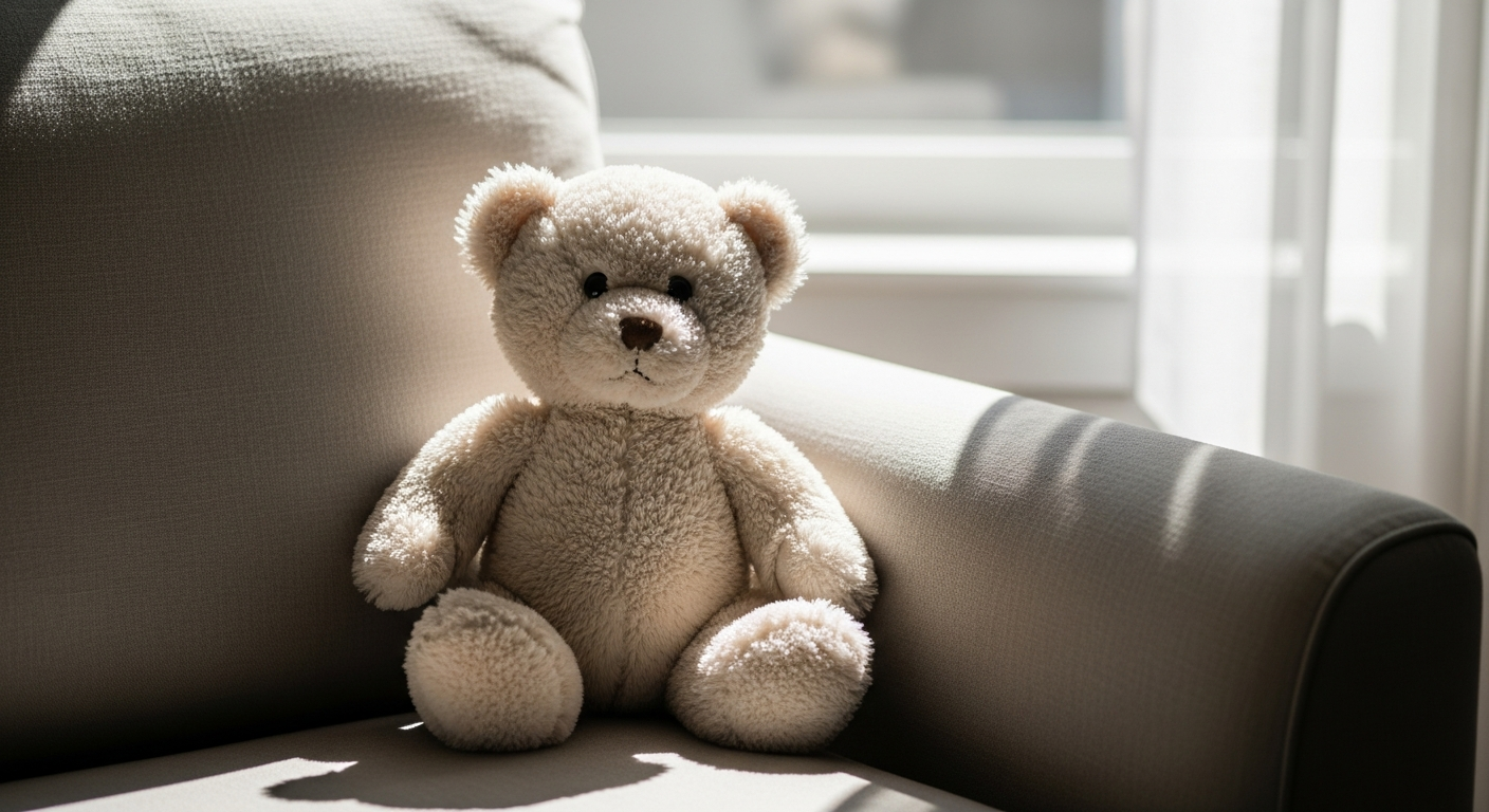 Classic plush teddy bear with embroidered face sitting on white background