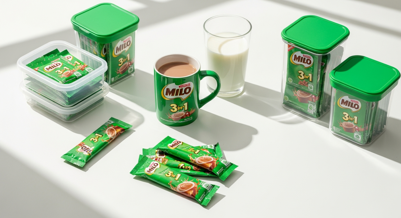 Nestlé Milo 3-in-1 chocolate malt drink sachets with prepared beverage cup
