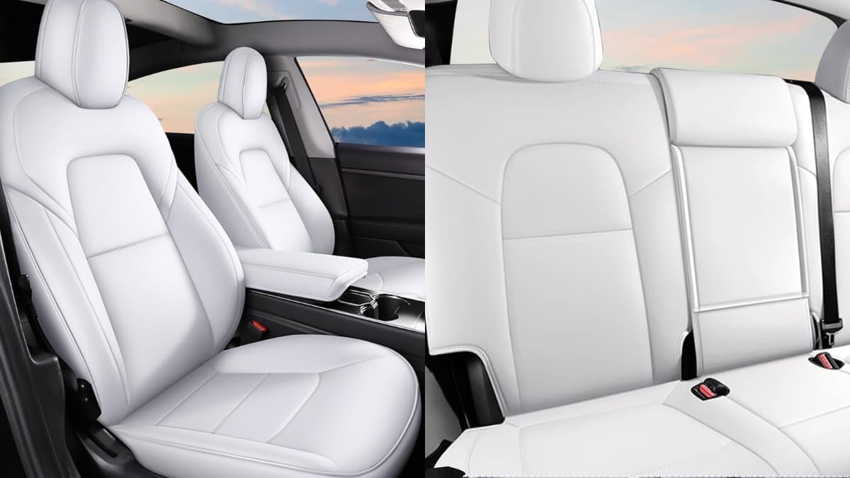 White Tesla Model Y faux leather seat covers on the front and back seats provide a sleek, protective, and comfortable upgrade for a 5-seater interior.