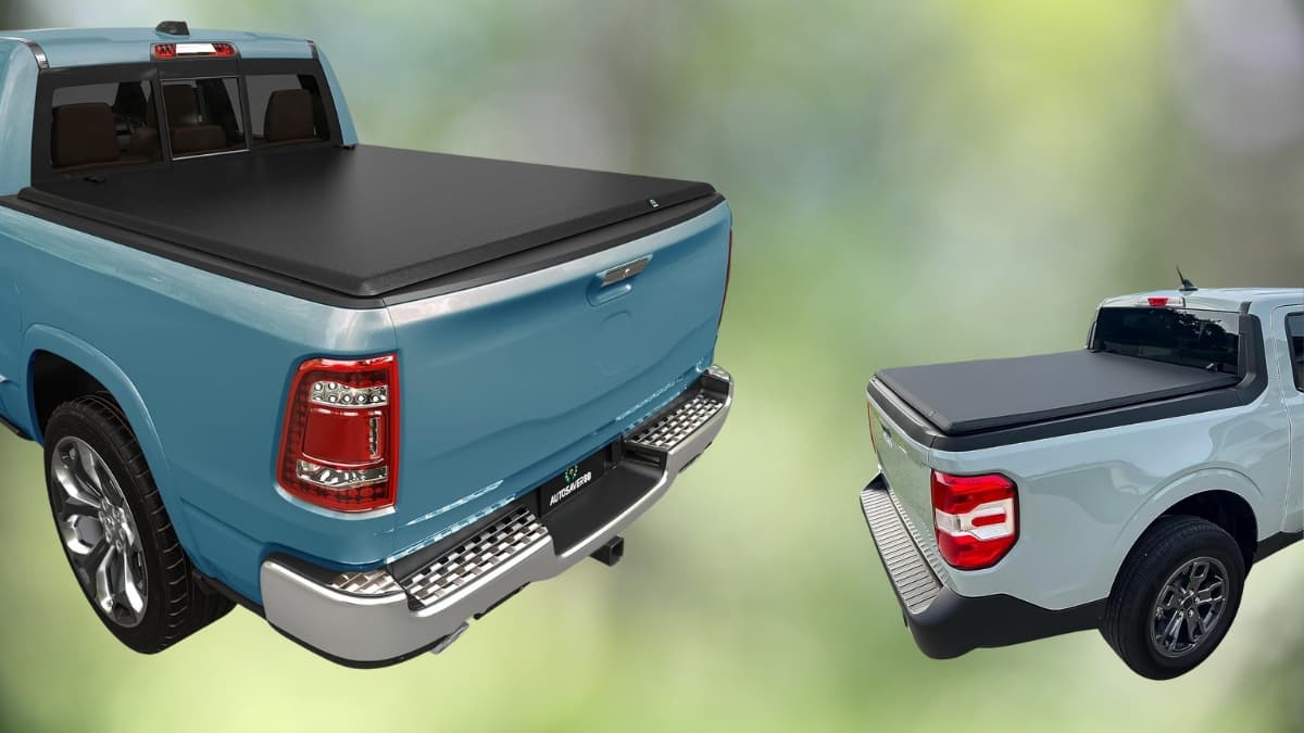 A blue and a white pickup truck are shown with AUTOSAVER88 soft tri-fold tonneau covers, protecting their truck beds with a sleek, weather-resistant design.