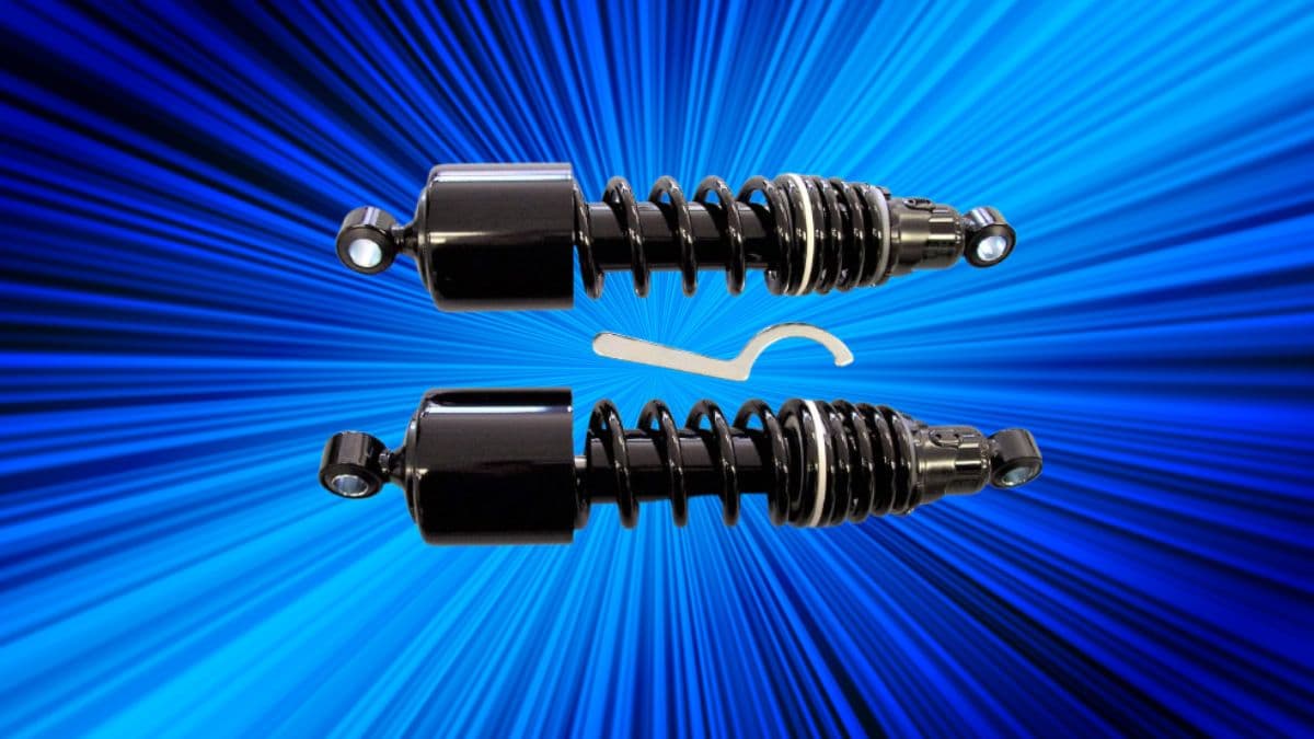 Gloss black MPOI 12.25-inch motorcycle shocks on a blue background.