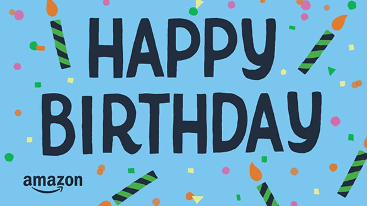 A colorful Amazon birthday eGift card design with "Happy Birthday" in bold black letters, confetti, and striped candles on a light blue background.