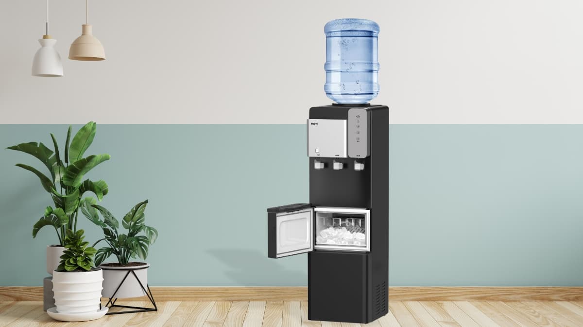 A black water dispenser with ice maker and a 5-gallon water bottle, placed near indoor plants in a modern room.