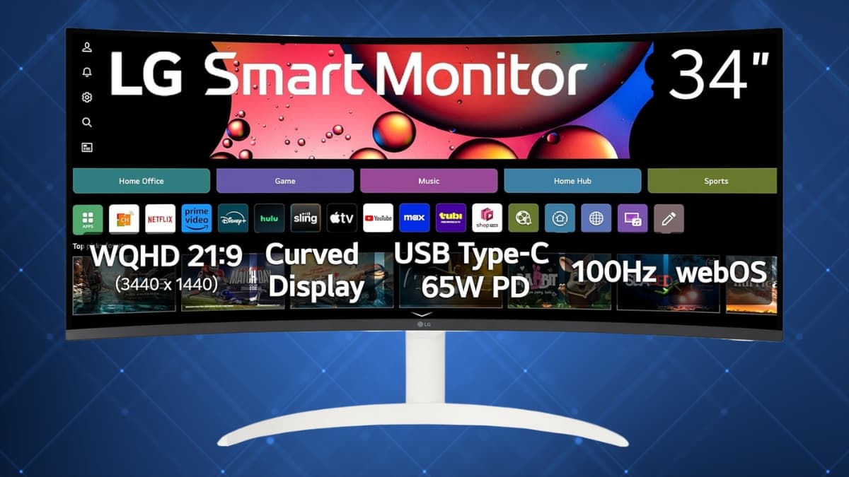 Curved LG 34SR63QA-W smart monitor with a 34-inch WQHD display, USB Type-C, 100Hz, and webOS apps.