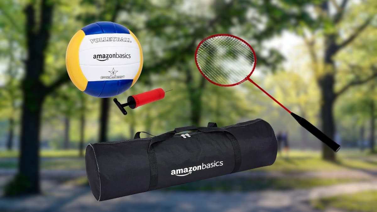 Amazon Basics outdoor volleyball and badminton combo set with ball, racquet, pump, and carrying bag in a park setting.