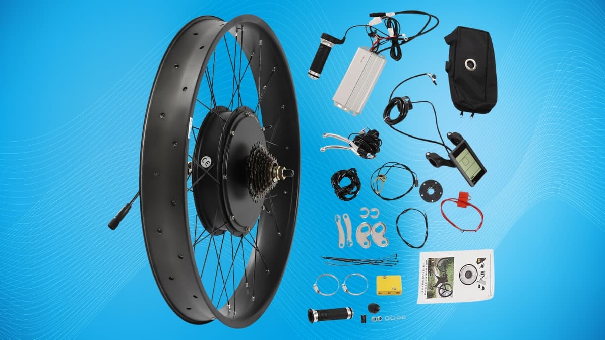 Electric fat bike conversion kit with a rear wheel motor, LCD display, throttle, and installation parts.