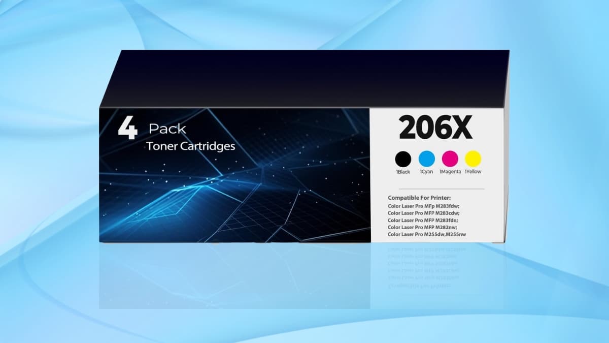 206X toner cartridges 4-pack box showing black, cyan, magenta, and yellow colors with HP printer compatibility list.