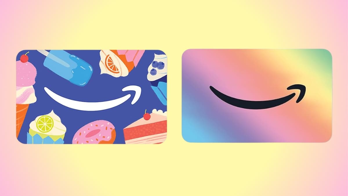 Two colorful Amazon eGift Card designs, one with desserts and the other with a soft rainbow gradient background.