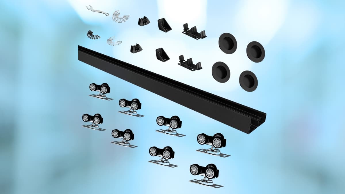 Bypass door hardware set with black track, rollers, guides, and mounting parts shown on a blue background.