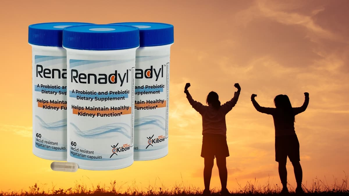 Silhouettes of two people celebrating at sunset beside three bottles of Renadyl Kidney Probiotic Supplement for kidney health support.