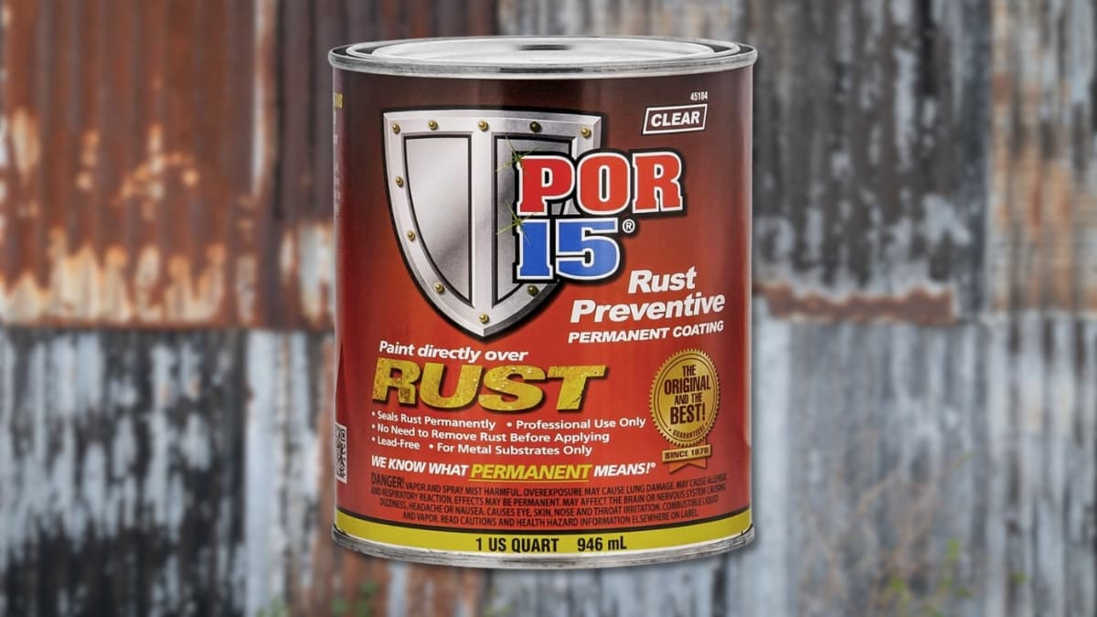 A can of POR-15 Rust Preventive Coating shown in front of a rusted metal wall.