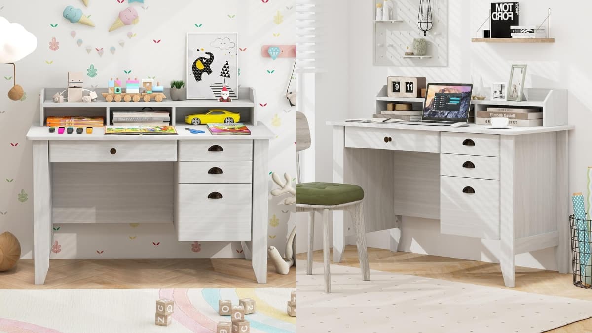 Two white Safeplus computer desks with drawers and hutch shown in kids’ and home office setups.