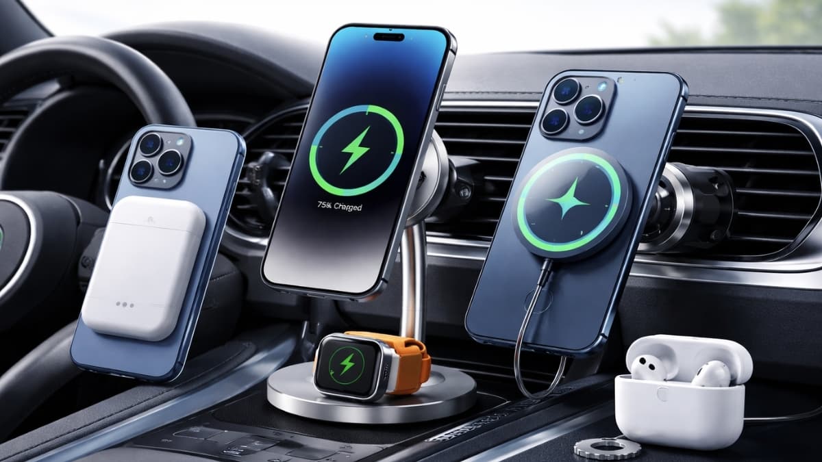 ESR TECH MagSafe car charger and wireless charging setup with iPhone, Apple Watch, AirPods, and magnetic power bank inside a vehicle dashboard