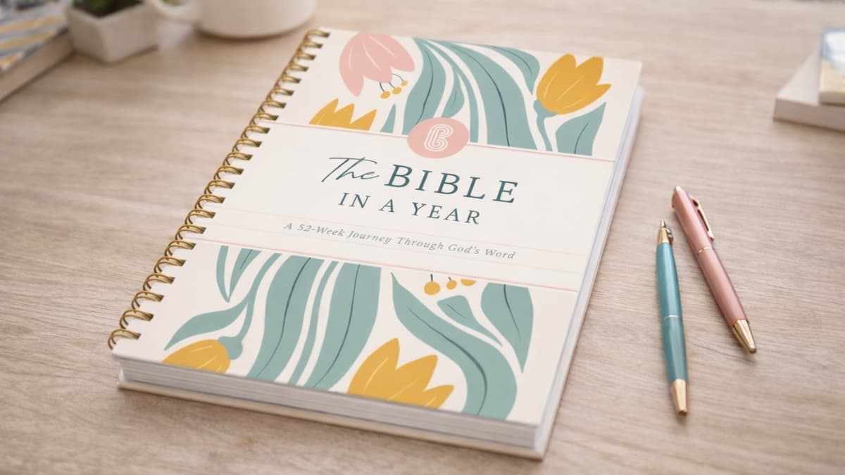 Spiral Bible® The Bible in a Year spiral-bound 52-week Bible study journal on desk