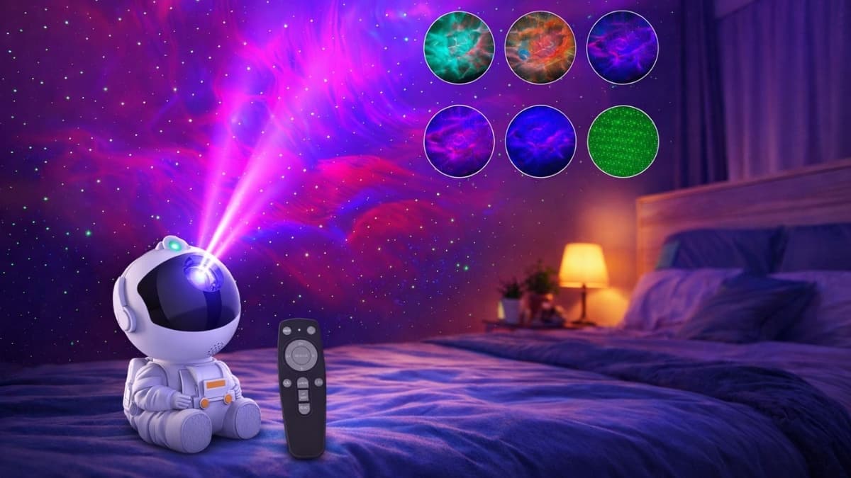 Upgraded Astronaut Galaxy Projector casting colorful nebula stars across a bedroom ceiling