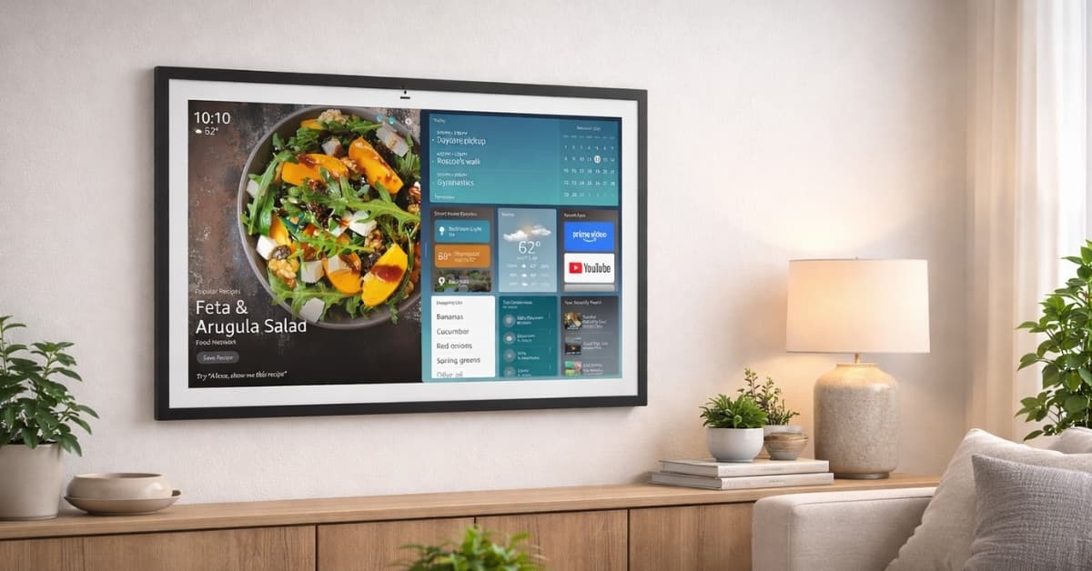 Amazon Echo Show 21 wall-mounted smart display showing recipe, weather, and Fire TV dashboard