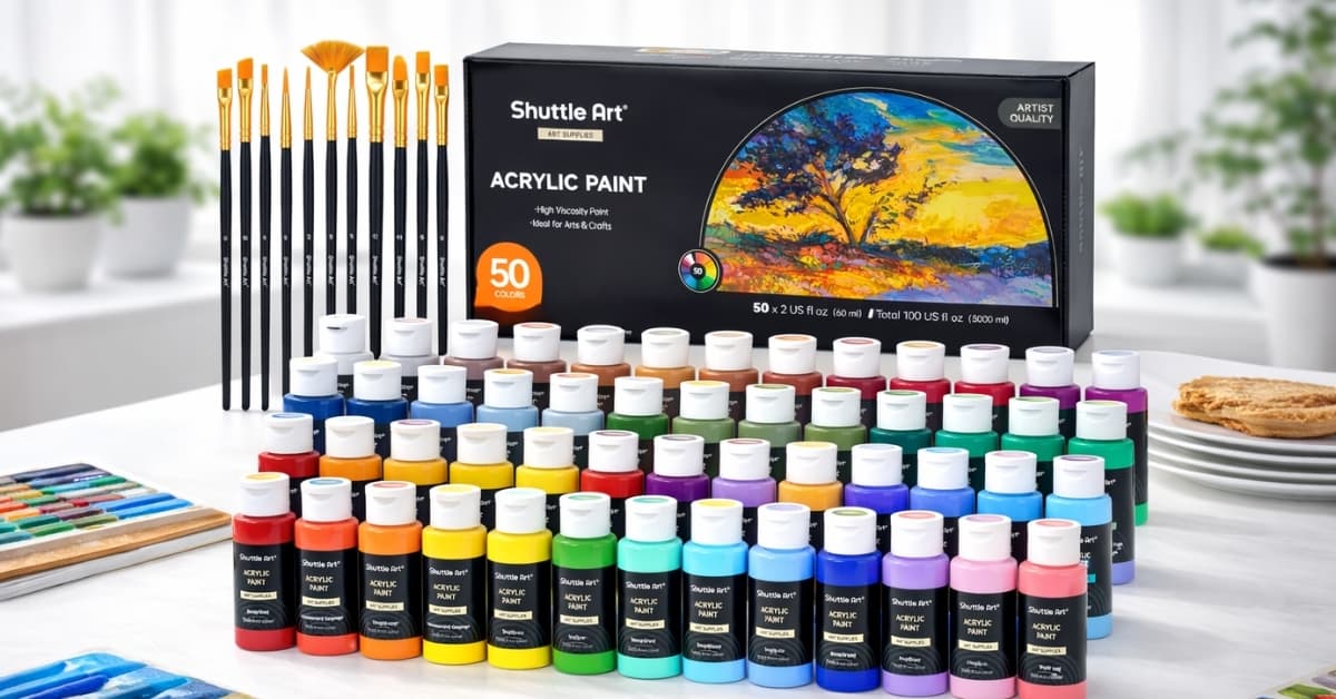 Shuttle Art Acrylic Paint 50-color set with brushes and 2oz bottles displayed on table