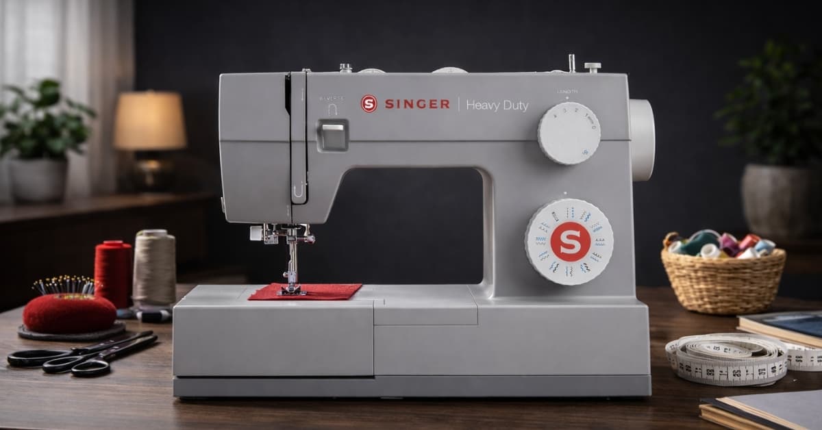 SINGER Heavy Duty 4423 sewing machine on worktable with fabric, thread spools, and sewing tools