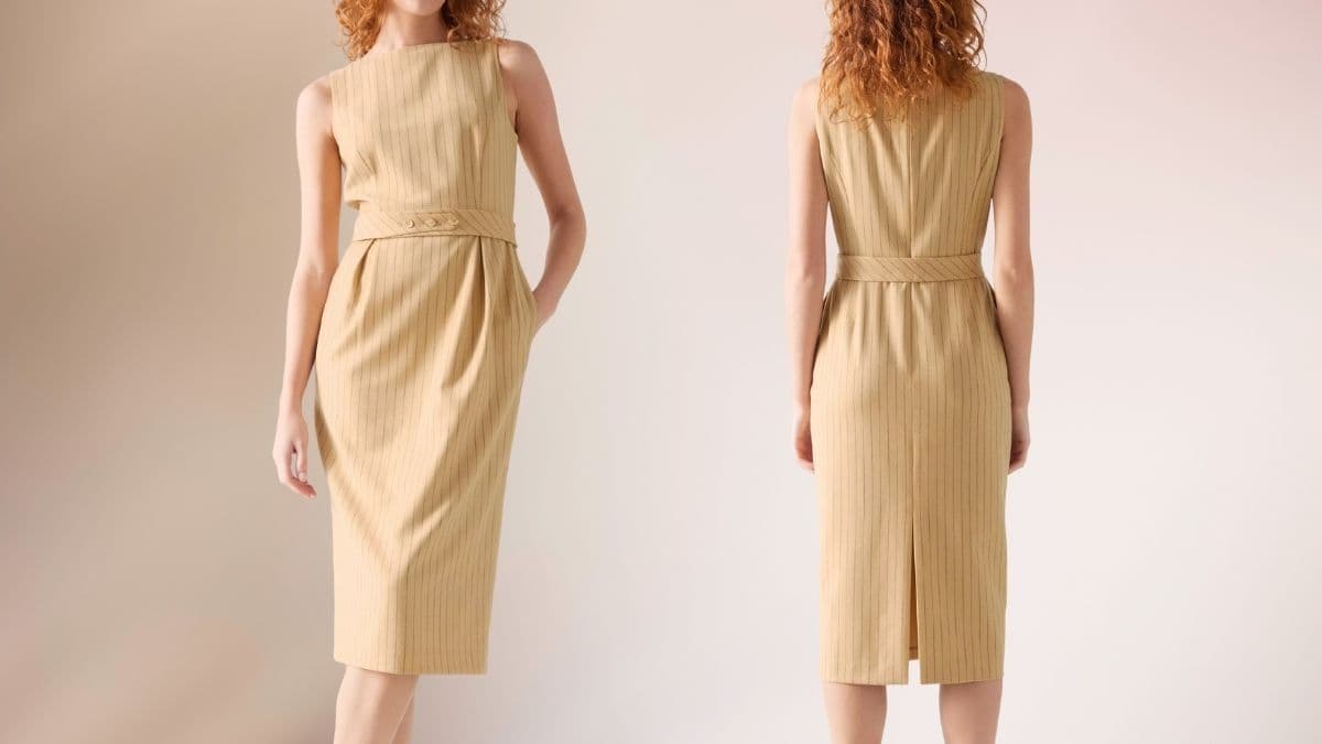 Winnie Camel Multi Wool Pinstripe Dress