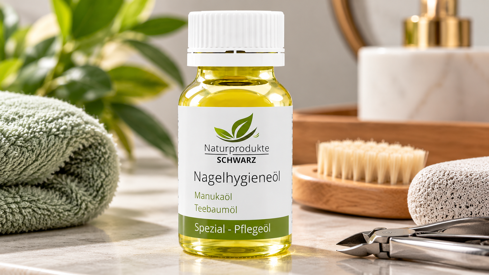 Naturprodukte Schwarz Nail Fungus Treatment Oil with manuka and tea tree oils, displayed on a spa countertop alongside a green towel, nail care tools, wooden brush, and pumice stone for natural nail hygiene.