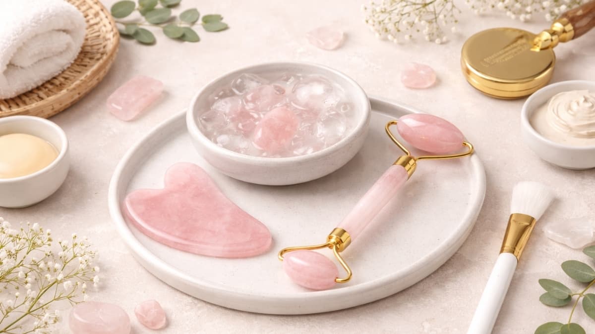 Alt text: Rose quartz jade roller and gua sha facial tools on spa tray with skincare products and flowers