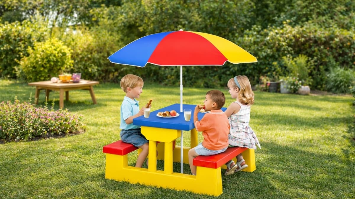 Costzon Kids Picnic Table with umbrella set in backyard, three children sitting and eating snacks at colorful outdoor picnic table on grass lawn