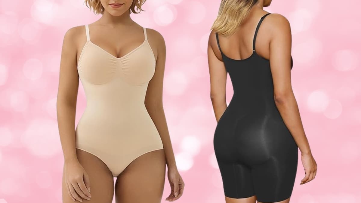 SHAPERX Women's Seamless Shapewear Bodysuit in nude and black, front and back view showing tummy control, adjustable straps, and mid-thigh smoothing design