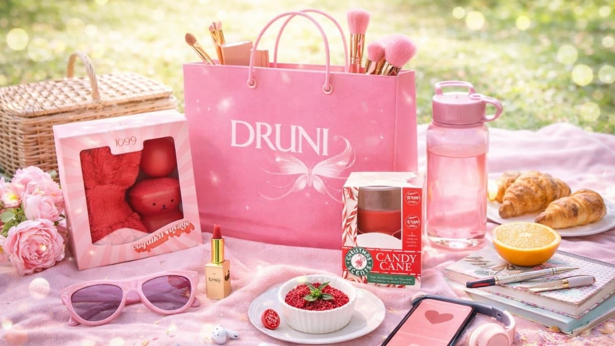 Druni Lifestyle pink shopping bag with beauty products, perfume, lipstick, candles, and accessories arranged on picnic blanket