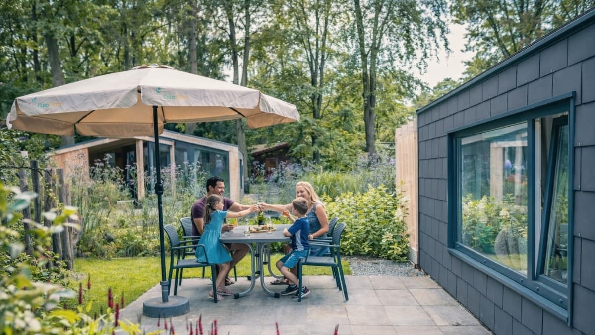 Alt text: Family enjoying outdoor dinner at EuroParcs holiday home terrace surrounded by trees and modern cabins