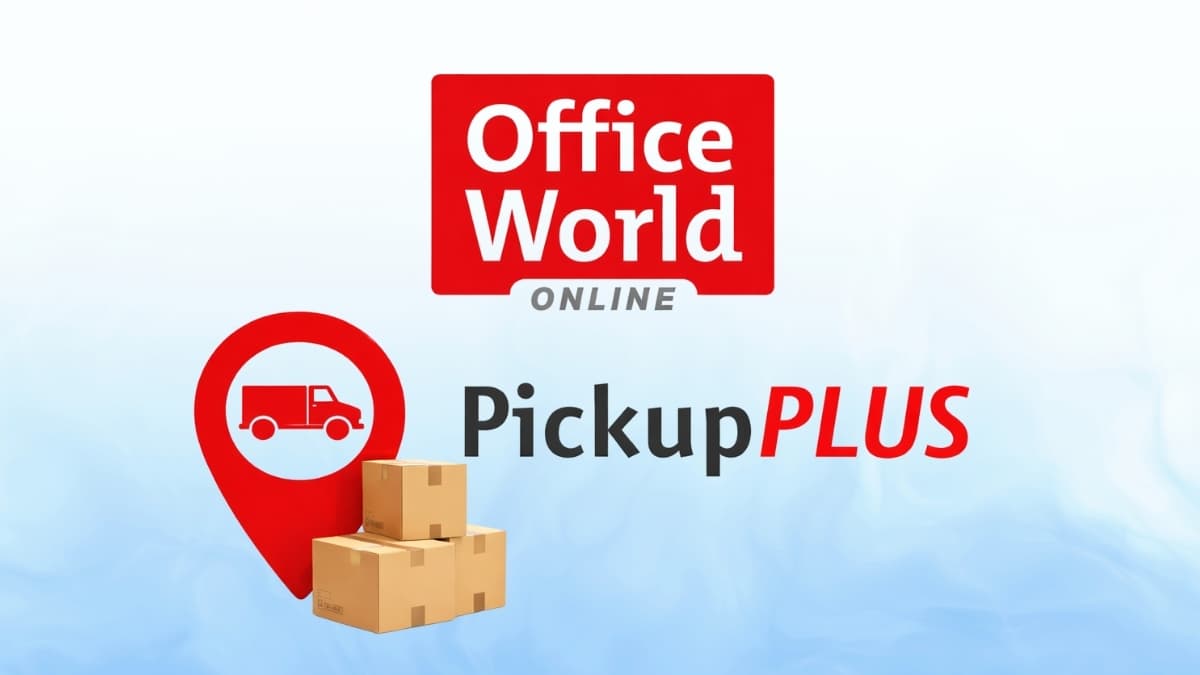Office World Pickup PLUS in-store collection service banner with red location pin, delivery truck icon, and shipping boxes on blue background