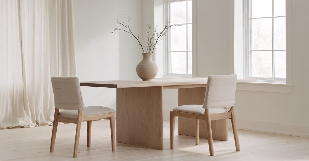Minimalist Bruno Wickart dining table with solid wood base in bright Scandinavian dining room