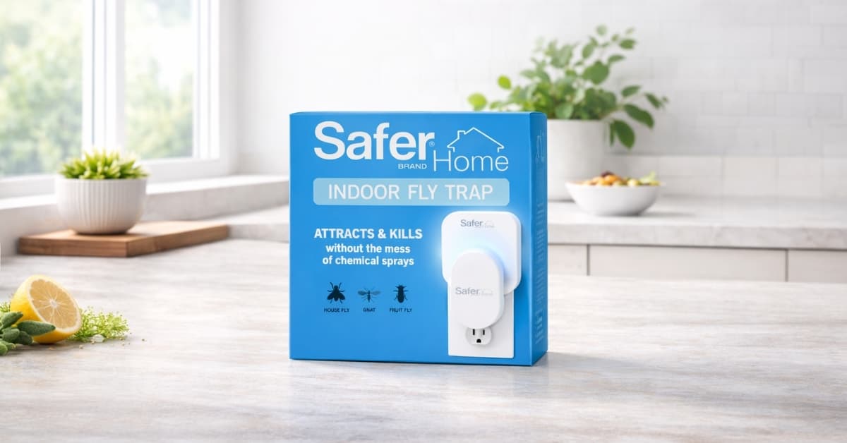 Safer Home Indoor Plug-In Fly Trap box with the device plugged into a wall outlet, showcasing its design for attracting and killing house flies, fruit flies, and gnats without chemical sprays, placed on a kitchen countertop.