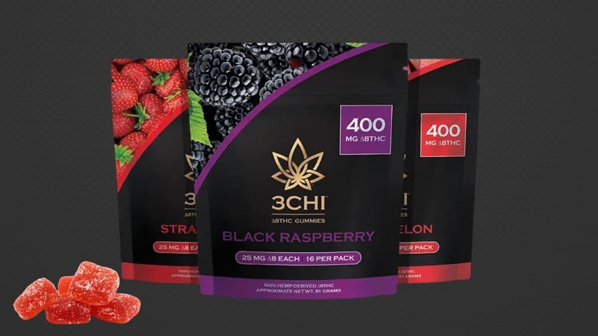 “3CHI Delta 8 THC gummies in strawberry, black raspberry, and watermelon flavors with 400mg packaging”