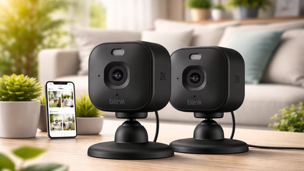 Blink Mini 2K+ indoor security cameras on table with smartphone app display in modern living room