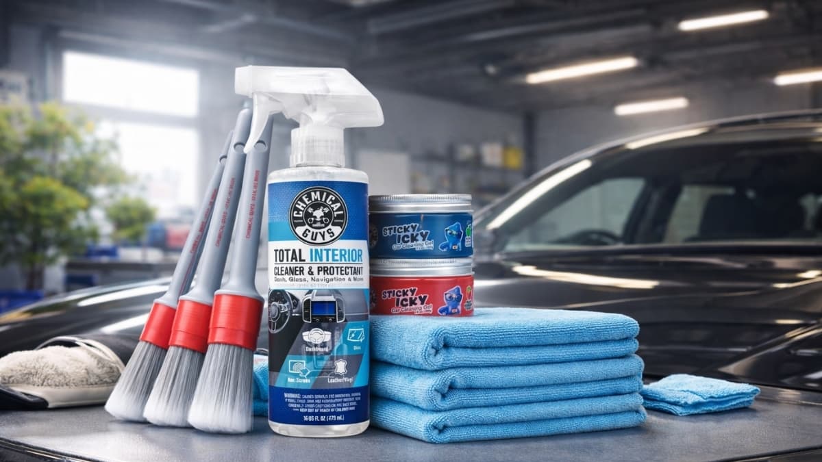 Chemical Guys Total Interior Cleaner and Protectant with Sticky Icky gel, detailing brushes, and microfiber towels for car interior cleaning kit setup in garage.