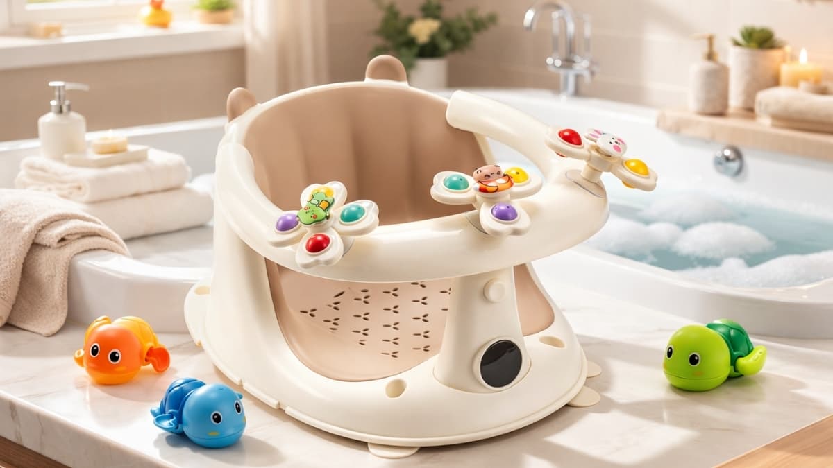 SEKI Baby Bath Seat with built-in toys and suction base placed on bathroom counter beside bathtub and colorful bath toys